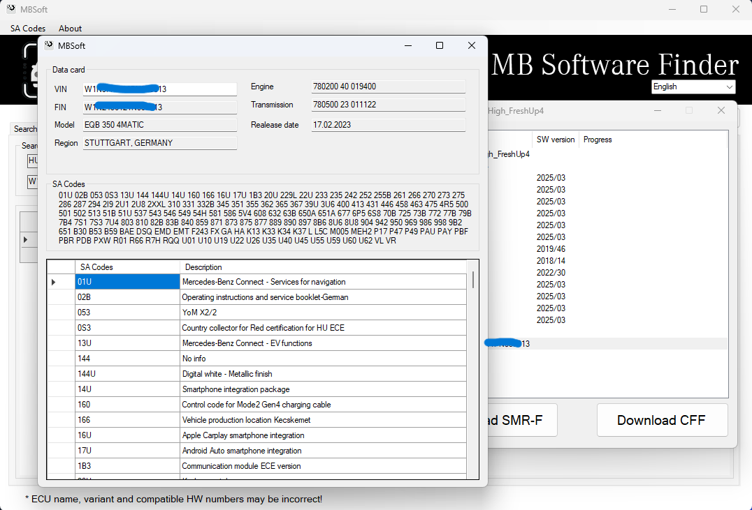 SA codes for the current VIN