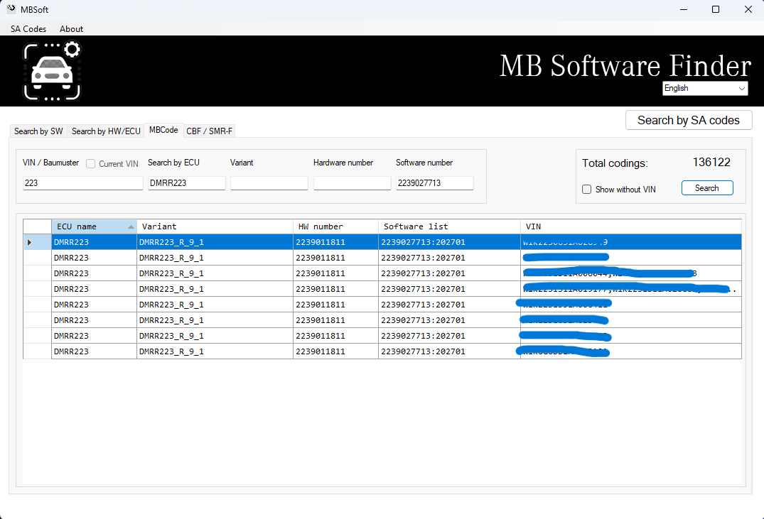 Search codings by model and software number